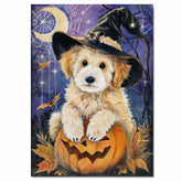 Halloween Puppy Canvas Wall Art Goldendoodle in Witch Hat and Pumpkin Fall Home Décor for Sppoky Home Decoration